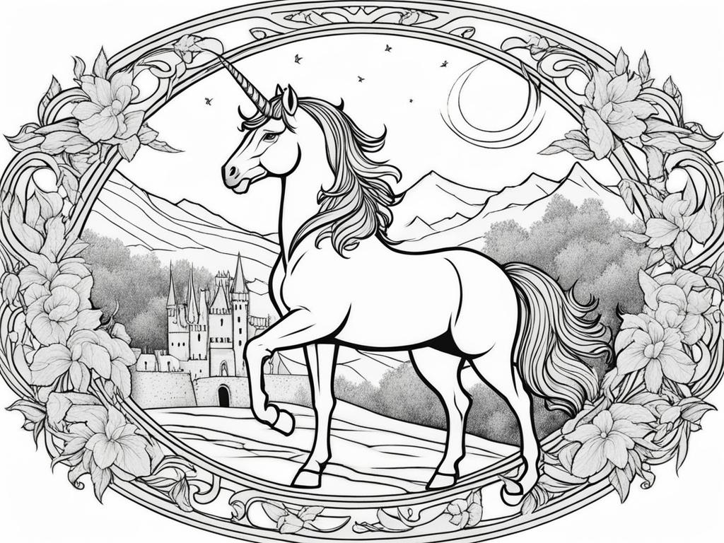 unicorn coloring pages - resonant unicorn singing a haunting melody that awakens dormant enchantments in an ancient castle. 