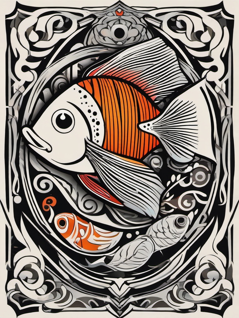 Fishtattoo-Abstract and creative tattoo featuring fish, perfect for those who appreciate artistic and unique designs.  simple color vector tattoo