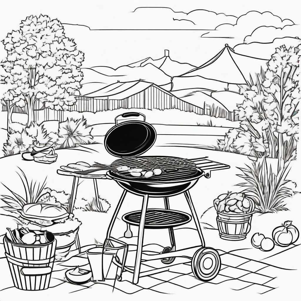 Outdoor barbecue with a grill and food  simple coloring pages