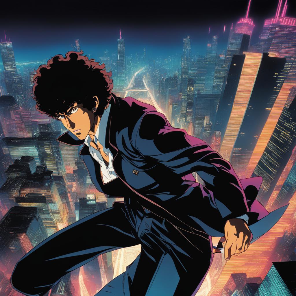 spike spiegel dives into a gunfight amid neon lights and skyscrapers in a futuristic metropolis. 