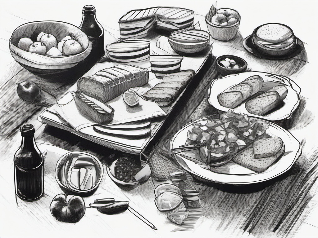 drawing of a picnic spread  minimal rough sketch scribbles,doodles,black and white