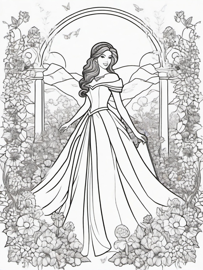 Princess in a Garden Coloring Pages - Royalty Among Colorful Flowers  minimal black outline printable sheet, coloring page