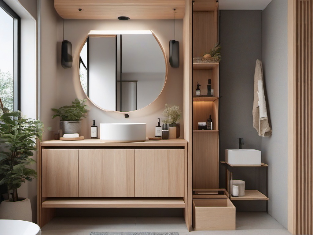 A small bathroom designed with Japandi interior design highlights muted colors, natural wood accents, and sleek fixtures that make the space feel stylish and efficient.  