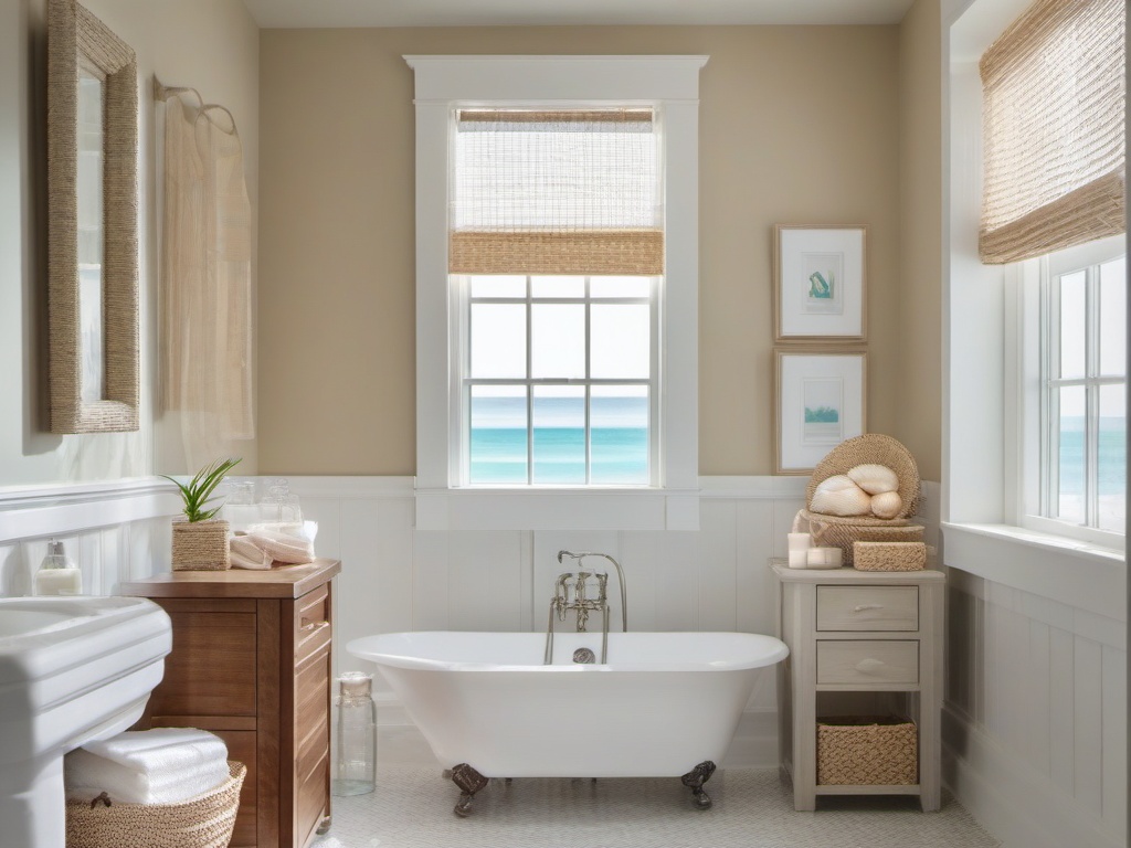 Beach Bathroom Getaway - Beach bathroom getaway with seashell decor and a coastal color palette. realistic, professional photography, bokeh, natural lighting, canon lens, shot on dslr 64 megapixels sharp focus