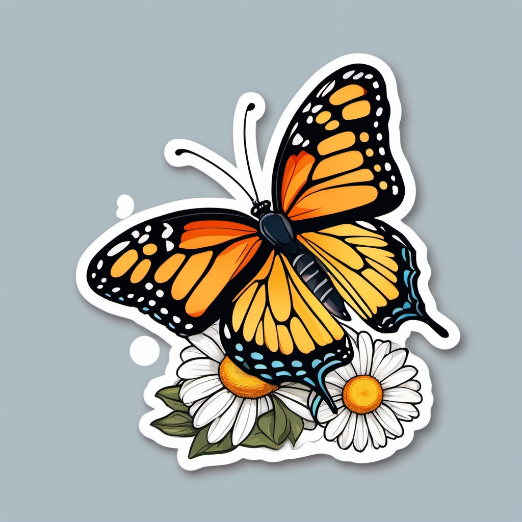 Butterfly and Daisies Sticker - Butterfly resting on daisies, ,vector color sticker art,minimal