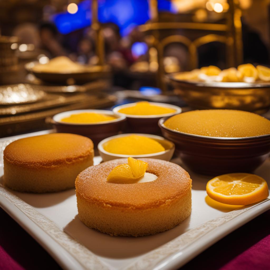 basbousa, an egyptian dessert, relished on a nile river cruise with traditional music. 