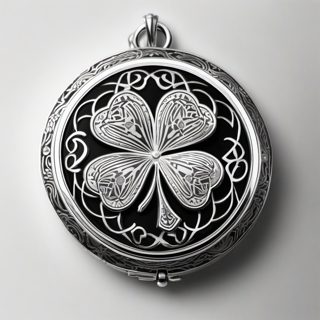 Locket with clover silhouette tattoo: A hidden emblem of luck close to the heart.  black white tattoo, white background