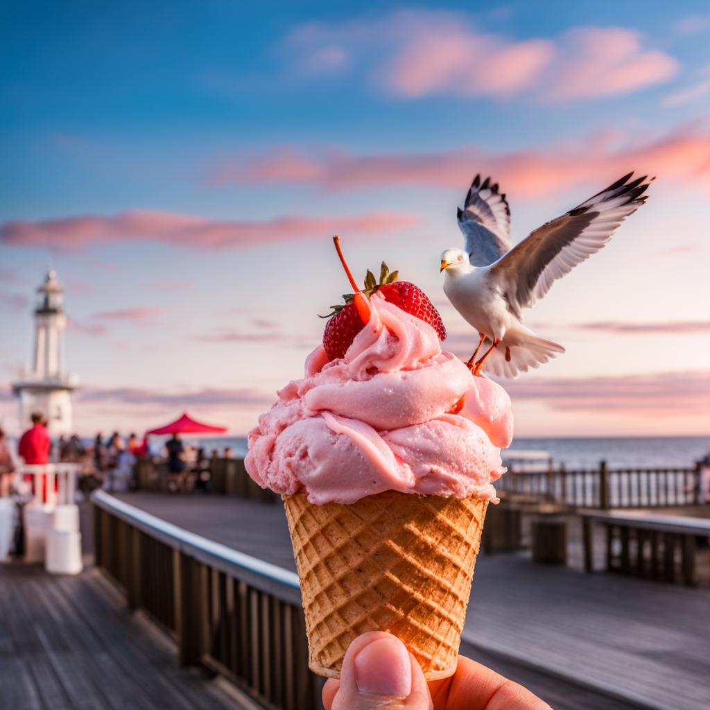 strawberry swirl ice cream savored by a seaside boardwalk, with seagulls soaring above. 