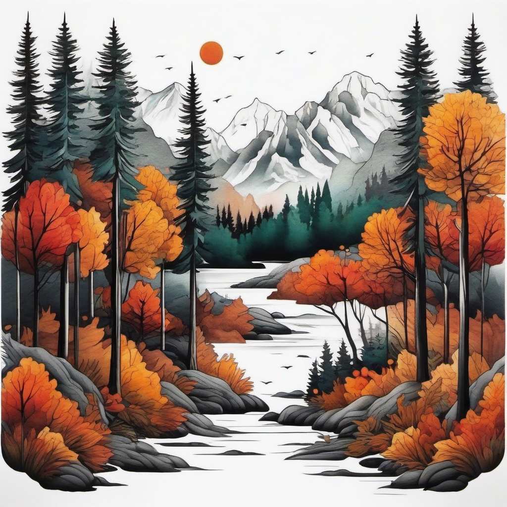 autumn forest tattoo  simple color tattoo,white background