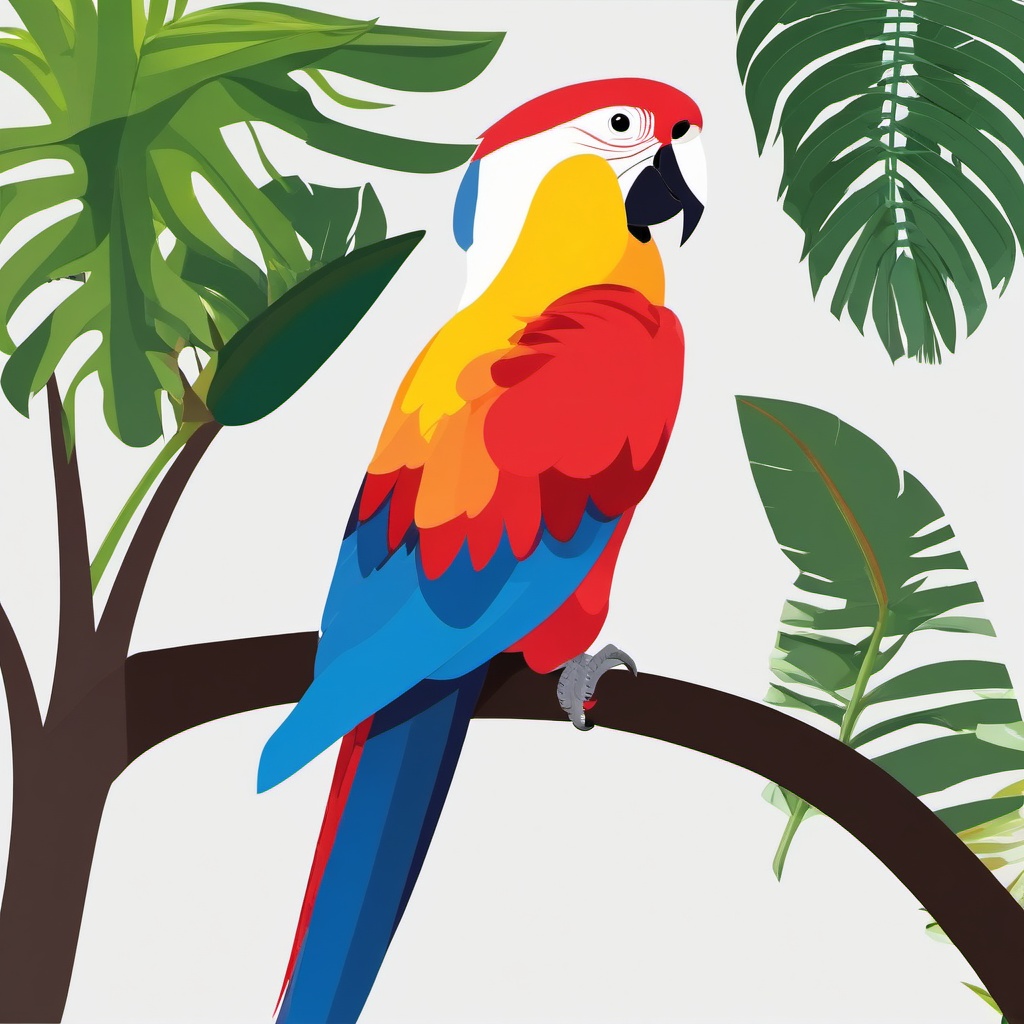 Parrot Clipart - Parrot with colorful feathers sitting on a tropical branch , minimal, 2d