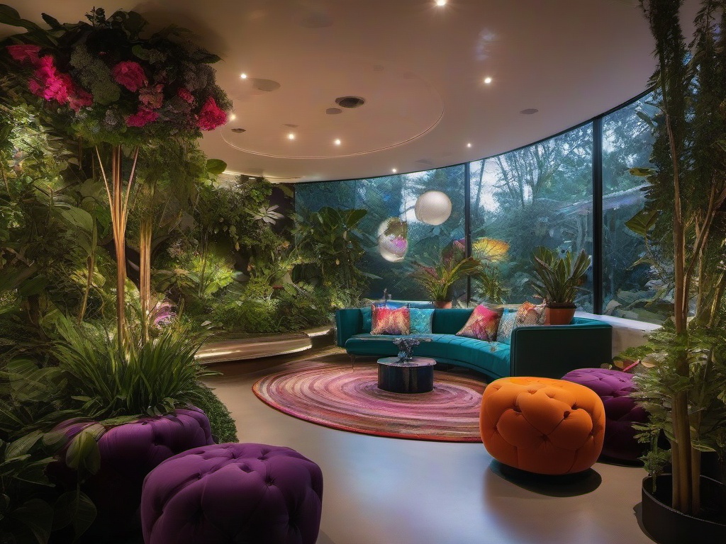 The garden room showcases cosmic chic interior design with vibrant planters, modern furniture, and a celestial theme that brings nature and cosmic beauty together.  