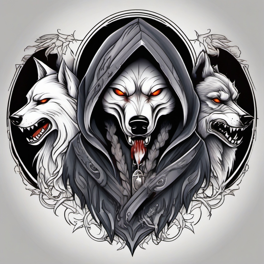 Neo Traditional tattoo of a reaper with 1 light wolf and 1 dark wolf  ,tattoo design, white background