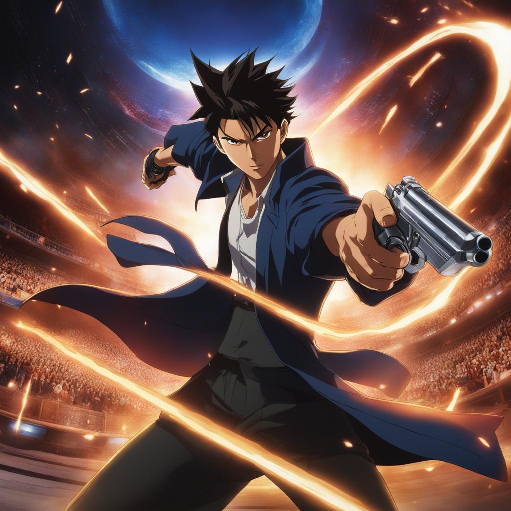 yusuke urameshi unleashes his spirit gun in a supernatural arena battle. 