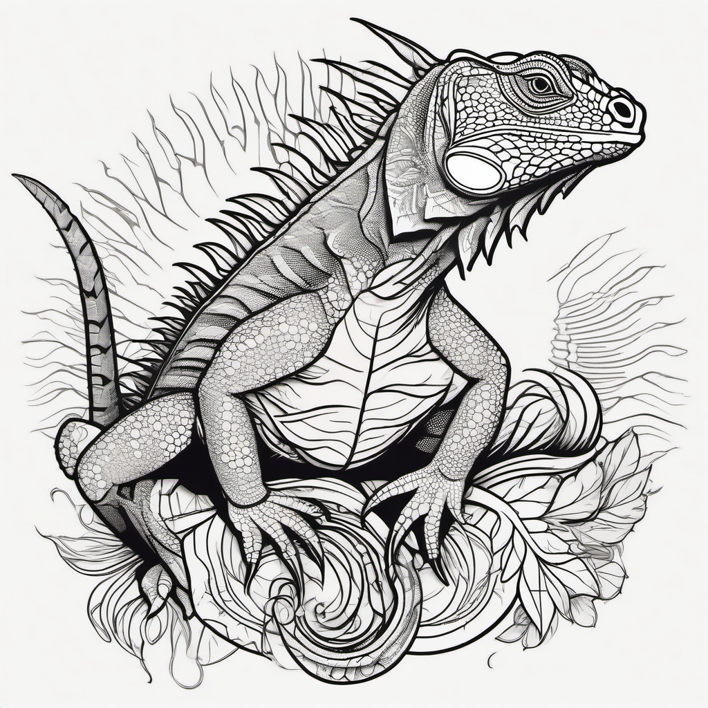 Iguana Tattoo - Mystical iguana basking in the sun, symbolizing transformation  few color tattoo design, simple line art, design clean white background