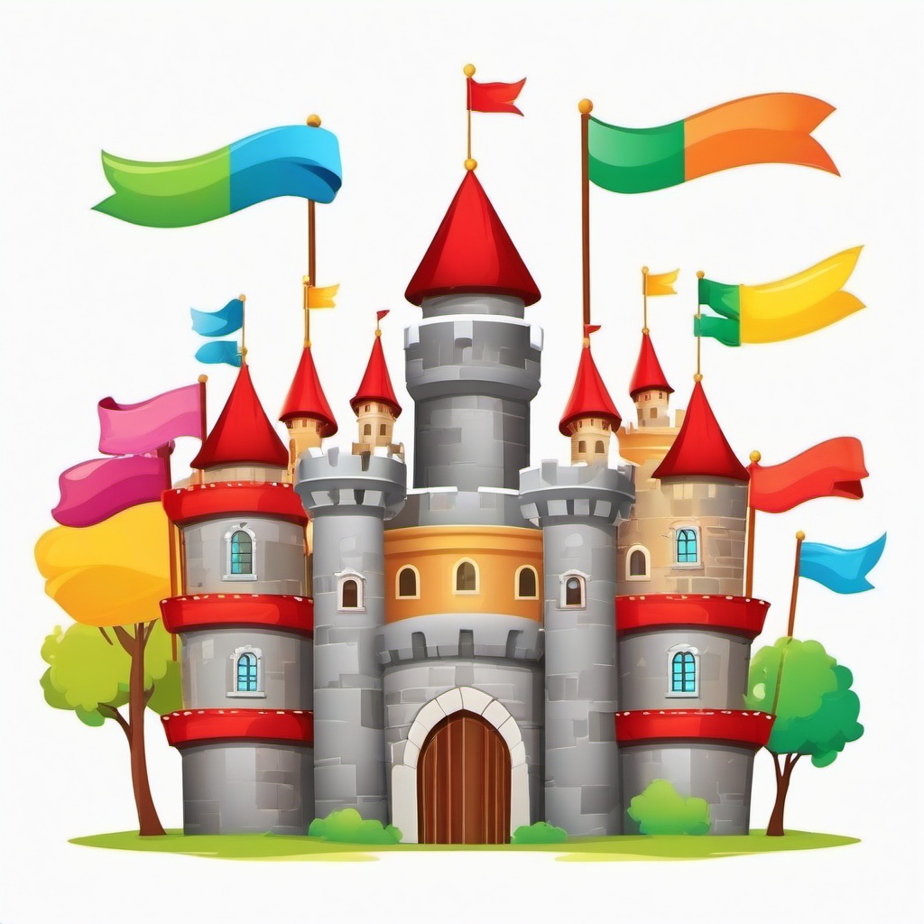 Cartoon castle with colorful banners clipart.  vector style illustration, white background