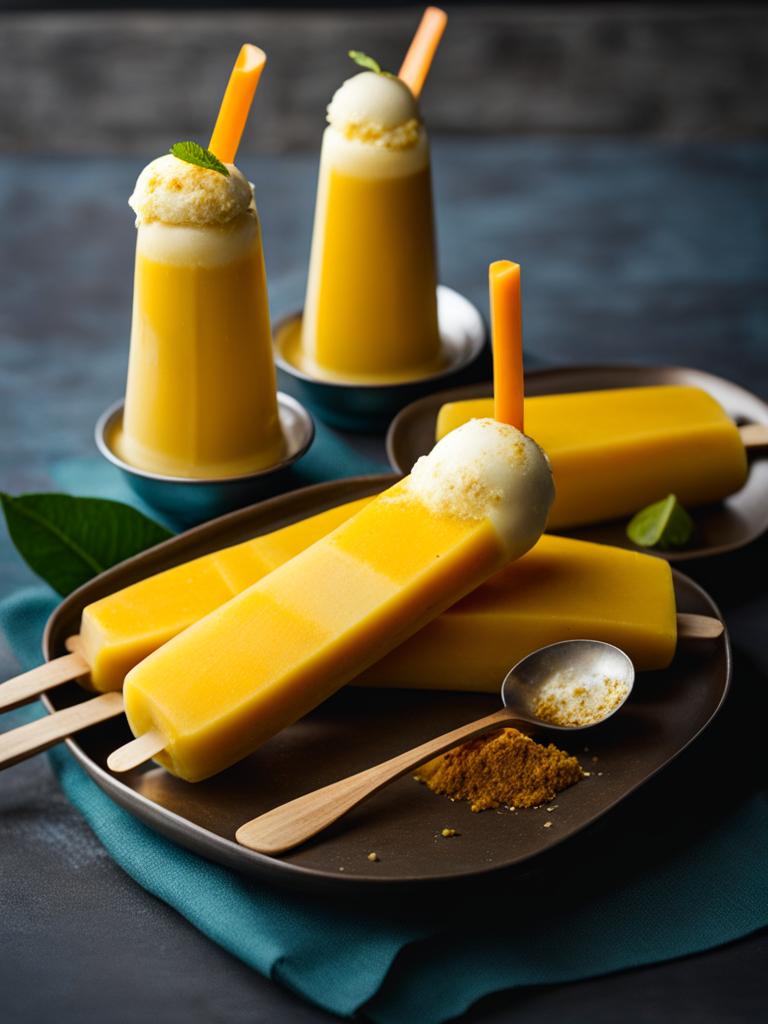 mango kulfi popsicles, an indian street food, savored at a lively holi festival. 