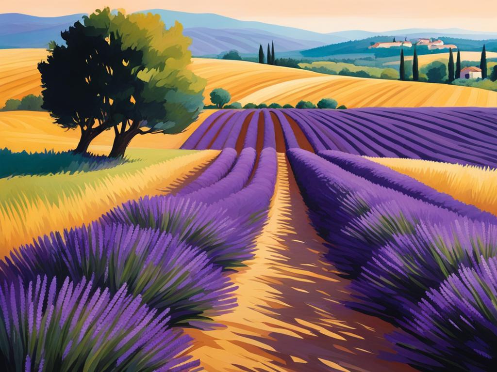 enigmatic lavender fields of provence - create an artwork that captures the enigmatic beauty of lesser-known lavender fields in provence, with rows of vibrant purple blooms. 