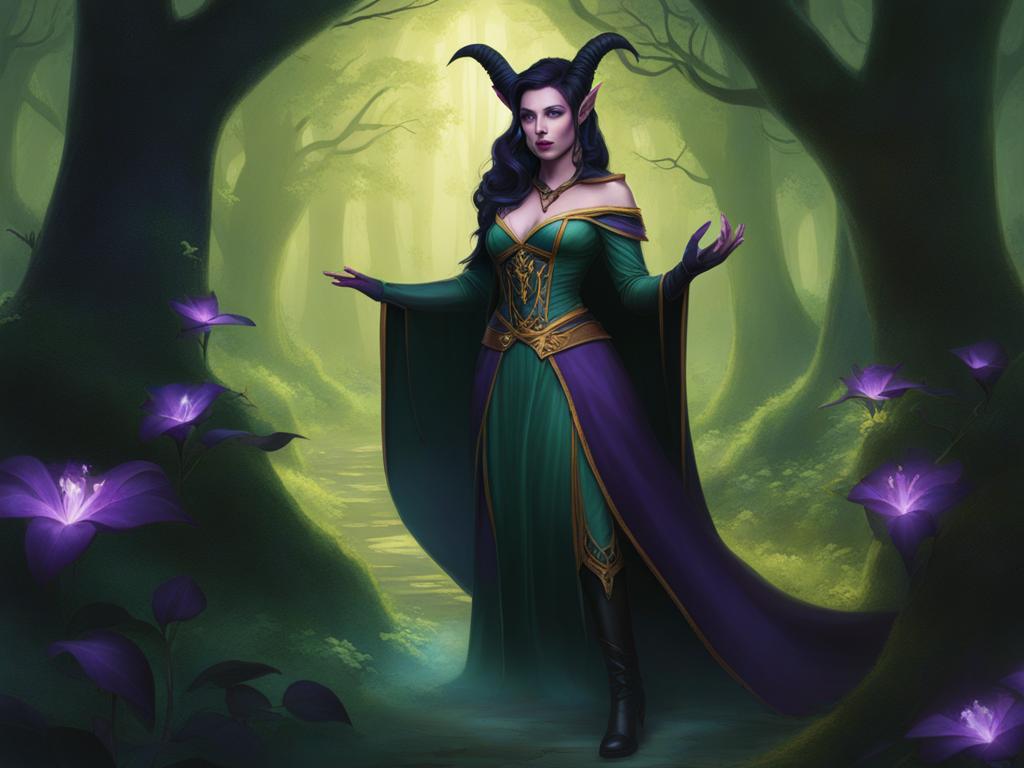 lirael nightshade, a tiefling warlock, is bargaining with a mischievous fey spirit in an enchanted grove. 