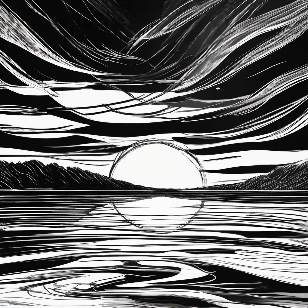 drawing of a sunset with reflections in water  minimal rough sketch scribbles,doodles,black and white