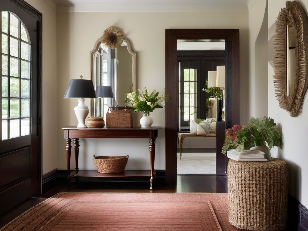 In the entryway, American Colonial interior design showcases a large wooden console table, a decorative mirror, and a classic runner that provides a warm welcome to guests.  