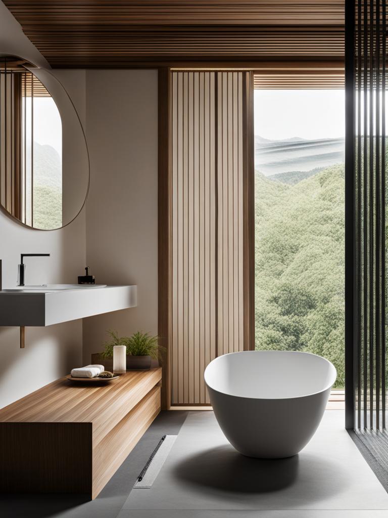 japanese-inspired bathroom with a soaking tub and minimalist design. 