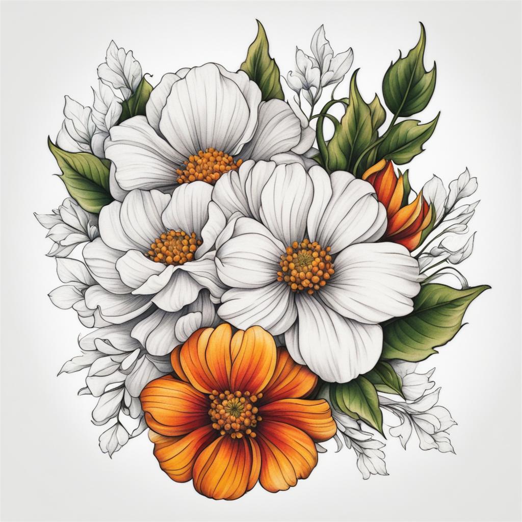 October birth month flower tattoo, Tattoos representing the birth flower for the month of October.  vivid colors, white background, tattoo design