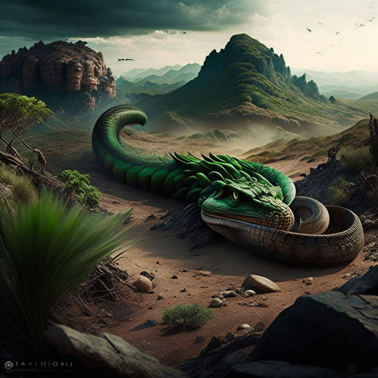 basilisk, the deadly serpent, slithering through a cursed, desolate wasteland. 