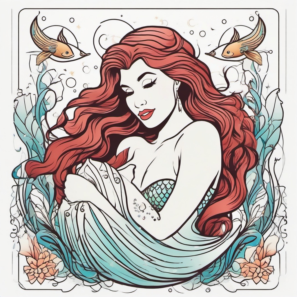 The Little Mermaid Tattoo - Celebrate the magic of The Little Mermaid with a whimsical and enchanting tattoo.  simple vector color tattoo,minimal,white background