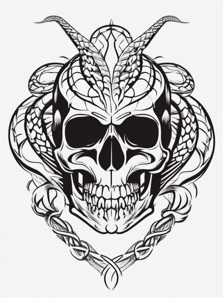 Skull with a Snake Tattoo - Tattoo featuring a skull entwined with a snake.  simple vector tattoo,minimalist,white background