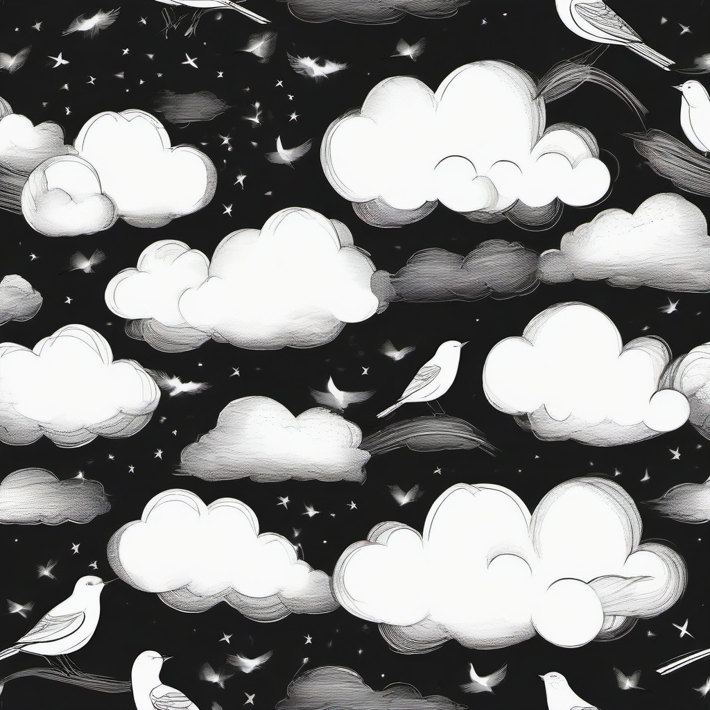 drawing of clouds with birds  minimal rough sketch scribbles,doodles,black and white