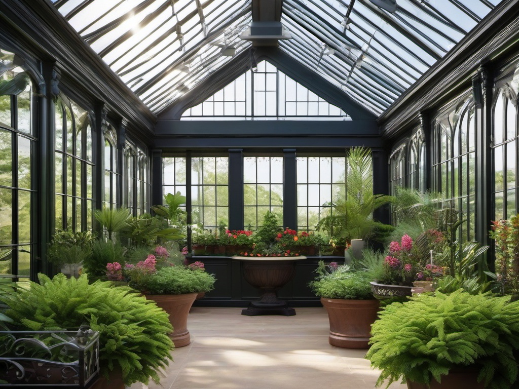 The greenhouse showcases Regency interior design with elegant planters, rich greenery, and tasteful decor that create an inspiring environment for gardening and plant care.  