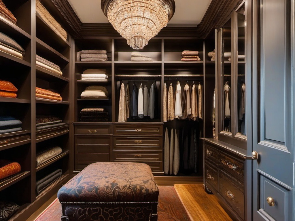 In the walk-in closet, Russian Revival interior design includes luxurious finishes, ornate storage solutions, and rich textiles that create a stylish and organized dressing area.  