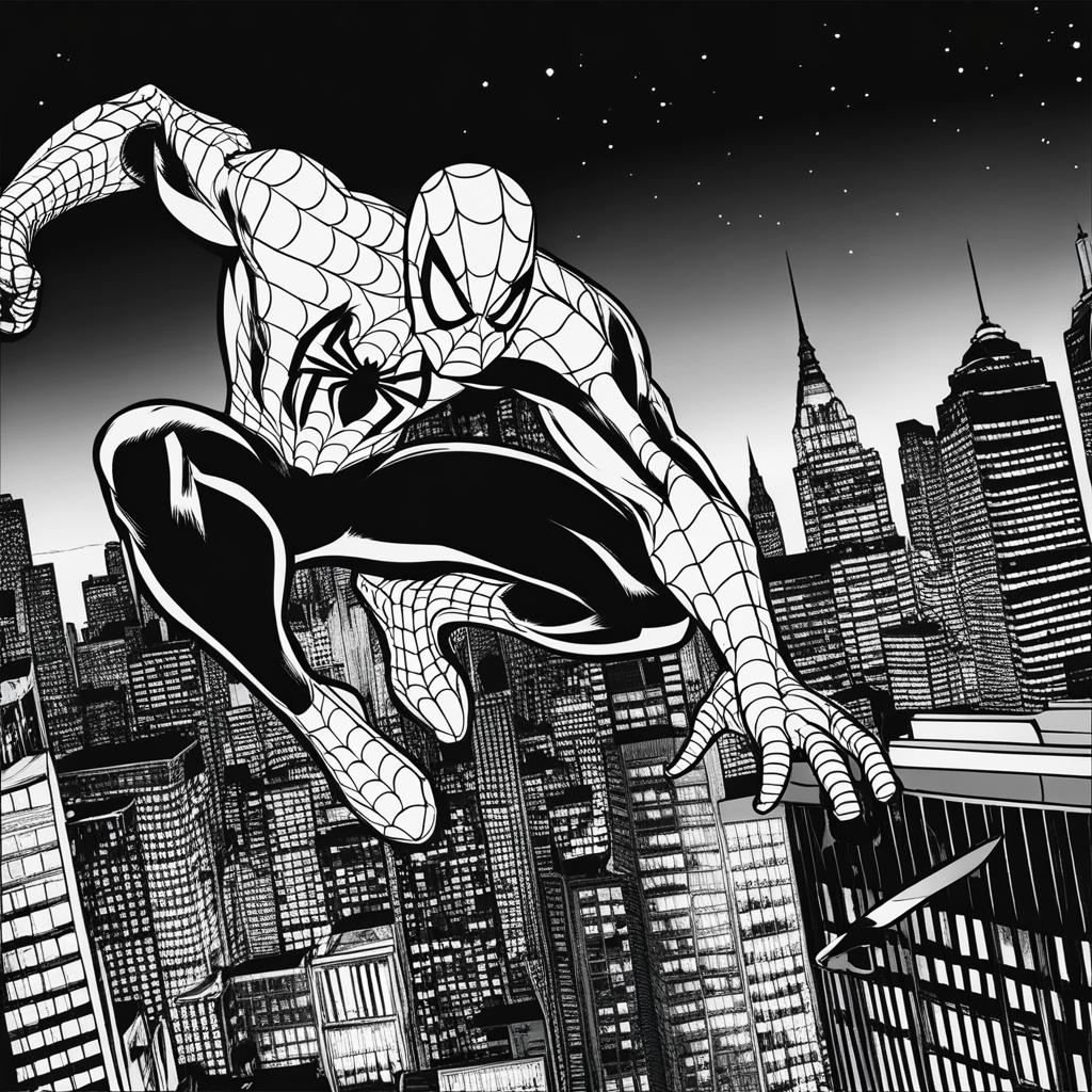 spiderman coloring pages - spider-man swings through the night, protecting the city. 