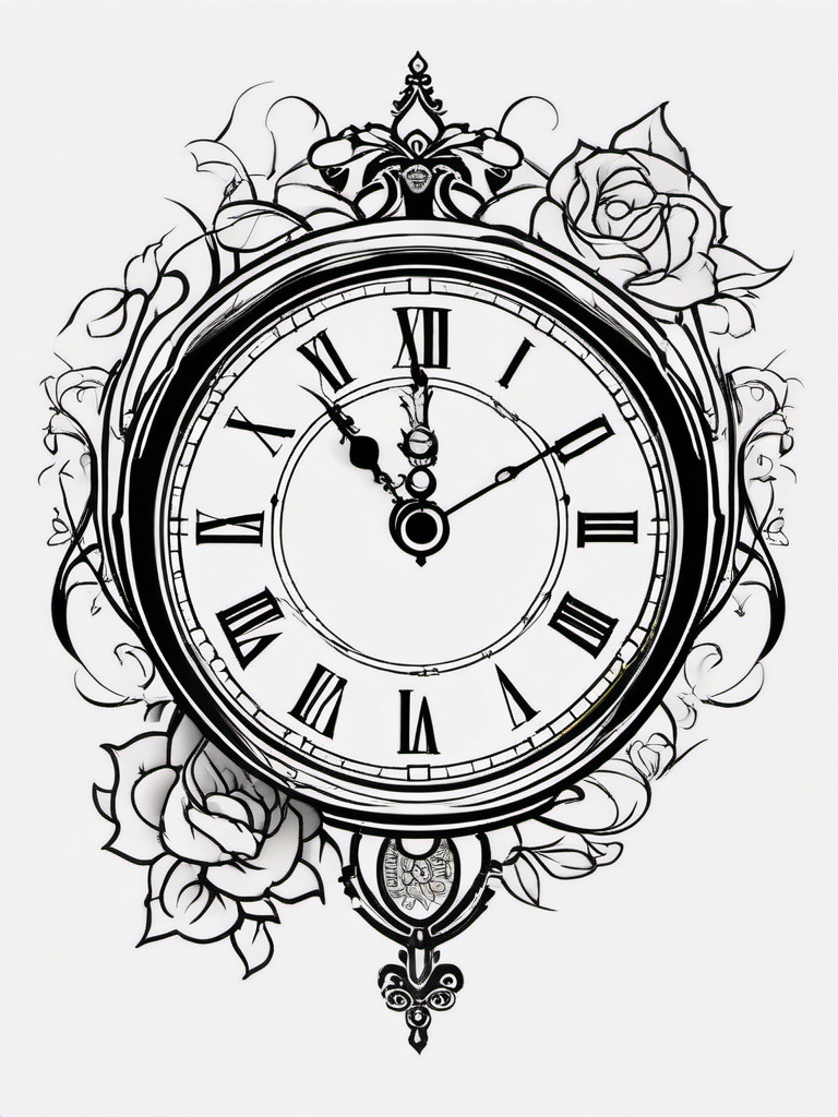 Clock Tattoo - A mysterious clock tattoo marking time  few color tattoo design, simple line art, design clean white background