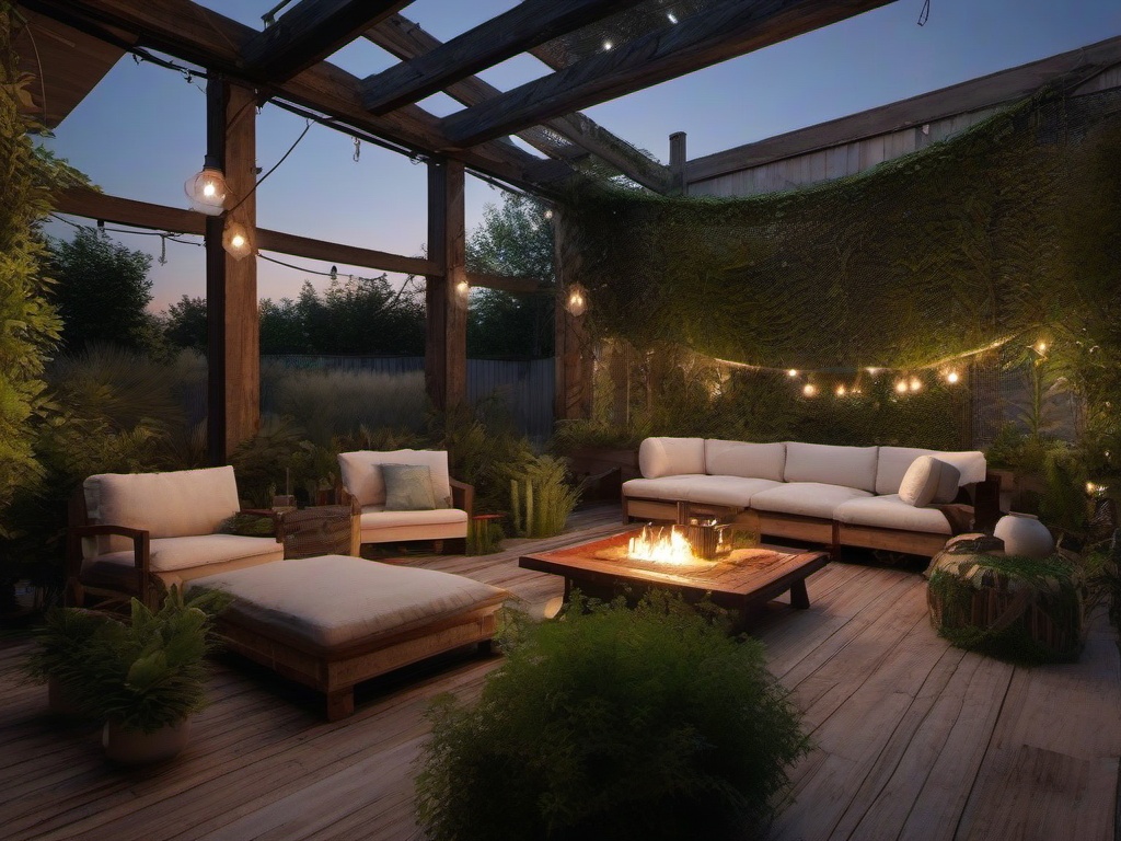 The outdoor patio embraces Post-Apocalyptic interior design with weathered furniture, reclaimed wood accents, and overgrown greenery that creates a rustic atmosphere for relaxation and gatherings.  