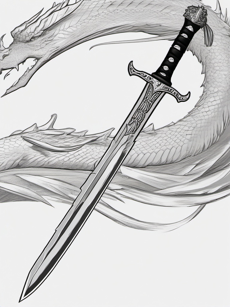 drawing of a sword with a dragon  minimal rough sketch scribbles,doodles,black and white