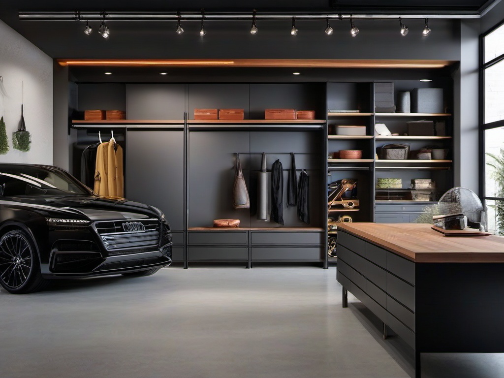 The garage features urban modern interior design with organized storage solutions, sleek decor, and a functional layout that makes the space both practical and visually appealing.  