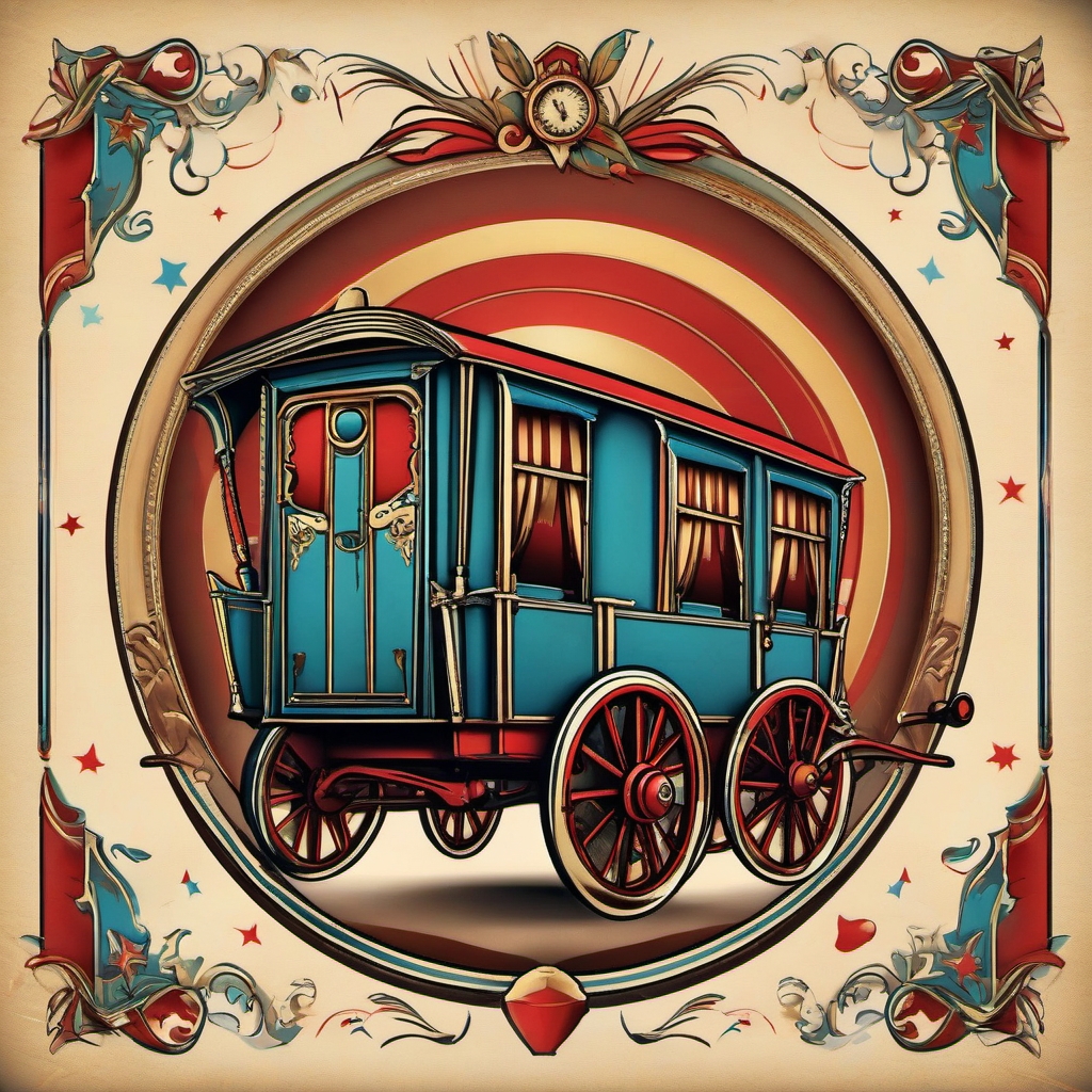 Vintage circus wagon tattoo: Rolling nostalgia, a journey through time.  simple color tattoo style