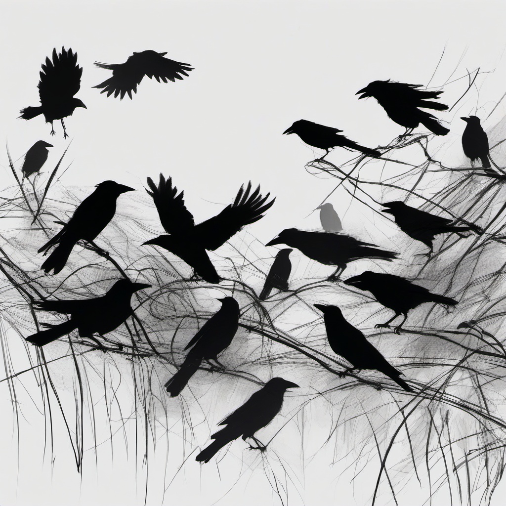 drawing of crows gathering  minimal rough sketch scribbles,doodles,black and white