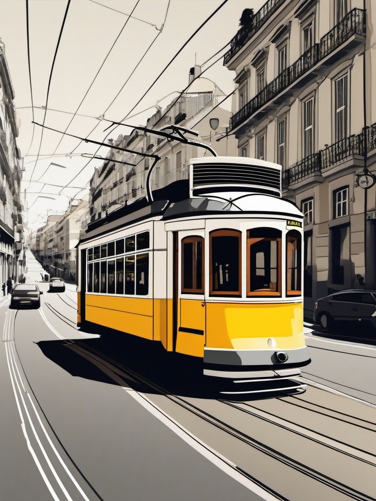 Lisbon Tram 28 sticker- Iconic yellow tram winding through the streets of Lisbon, , sticker vector art, minimalist design