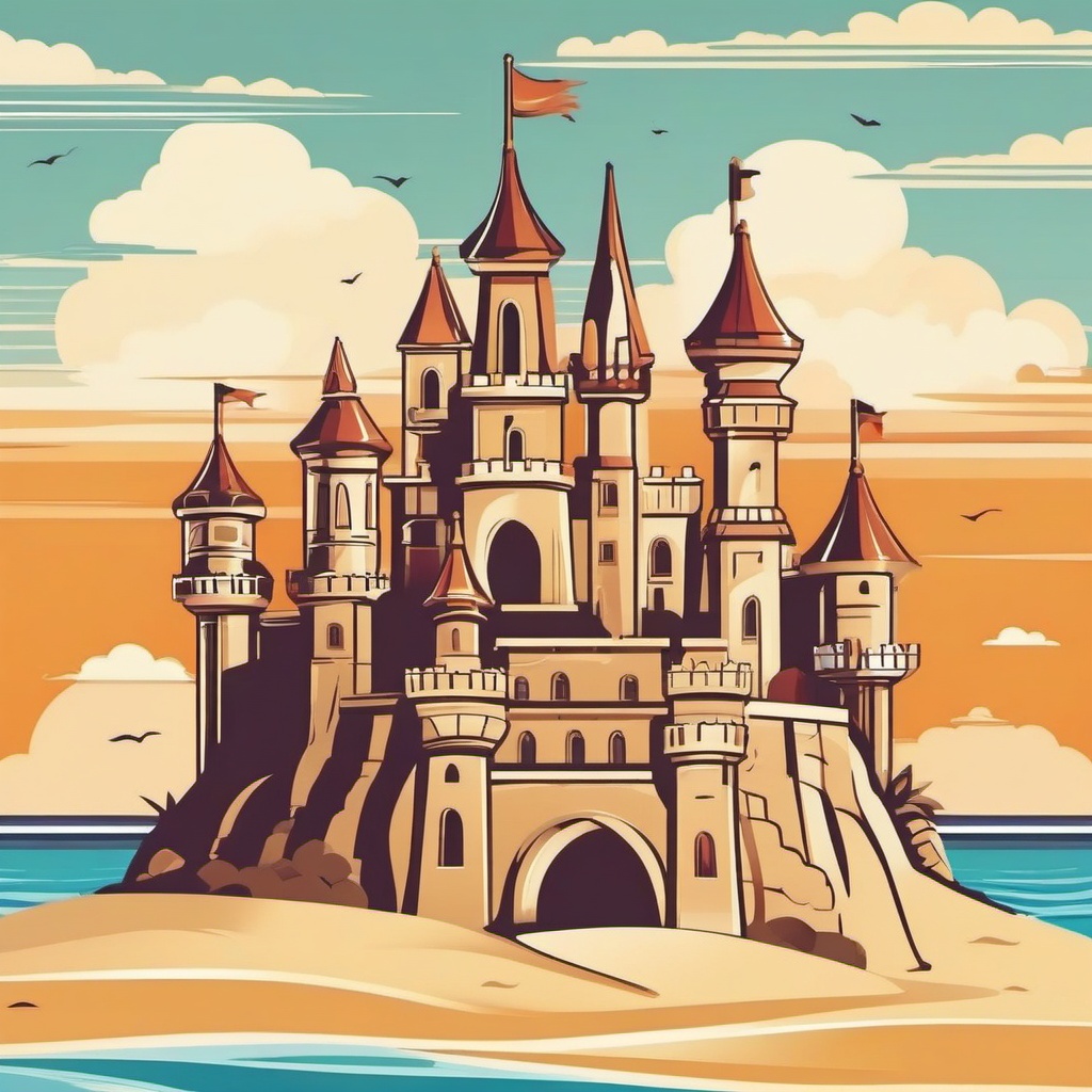 Castle Clipart - Elaborate sandcastle on a pristine beach by the sea.  color clipart, minimalist, vector art, 