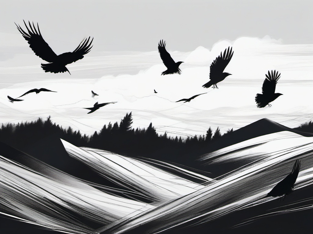 drawing of crows flying in the sky  minimal rough sketch scribbles,doodles,black and white