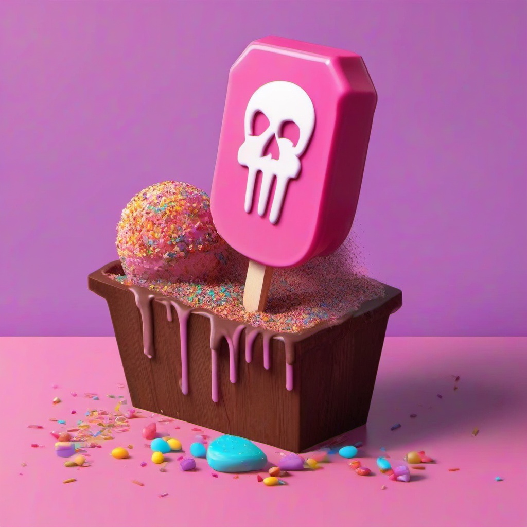 A pink popsicle shaped like an open coffin. A cartoonish skull is inside the coffin, decorated with colorful candies and sprinkles. The coffin-shaped popsicle is tied with brown ropes. Colorful candies and sprinkles are around the skull and on the popsicle's surface. Melted pink and purple ice cream drips down the popsicle. The wooden popsicle stick has a textured surface. The background is a plain grayish-purple color. The popsicle is centered in the image. The perspective is slightly angled toward the viewer. The style is cartoonish and playful. The overall atmosphere is fun and lighthearted.
 