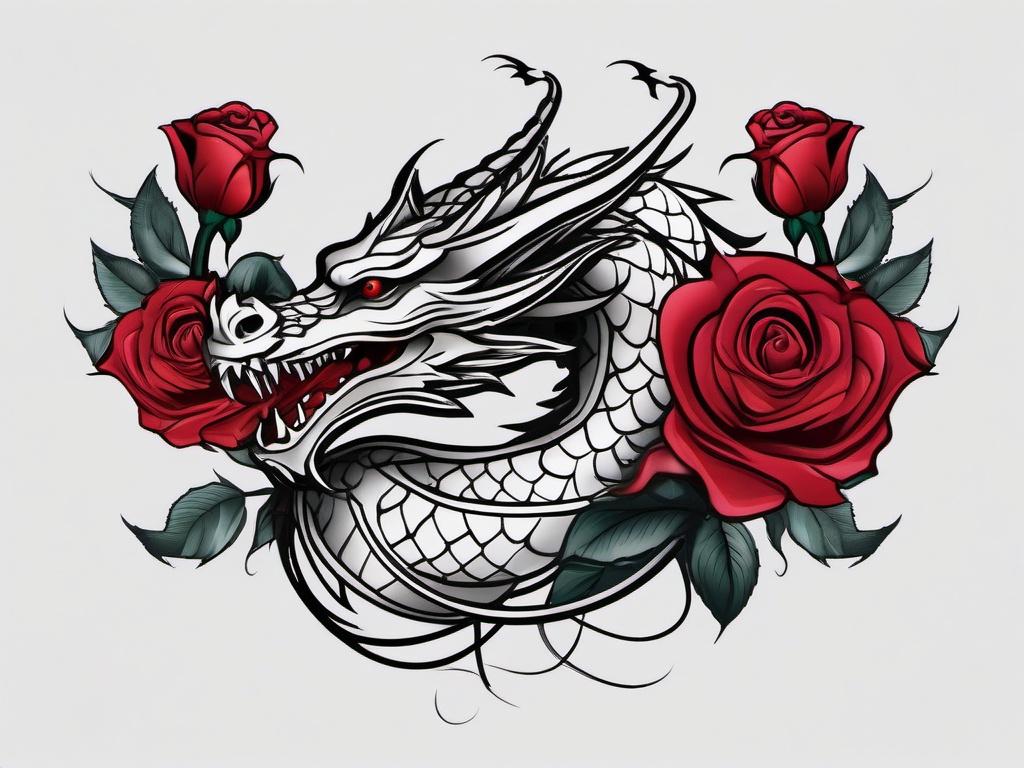 Dragon Tattoo With Roses - Tattoos combining dragon elements with roses for a romantic touch.  simple color tattoo,minimalist,white background