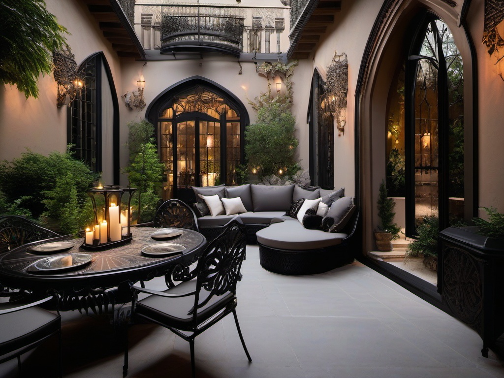 The terrace embraces Gothic interior design with wrought iron furniture, dramatic lighting, and intricate decor, providing a captivating space for gatherings and relaxation.  