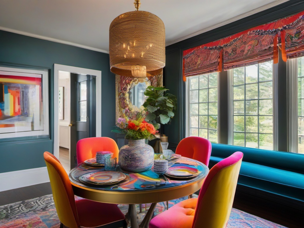 The dining nook features maximalist interior design with a colorful table, playful decor, and eclectic seating that create an intimate and vibrant space for meals.  