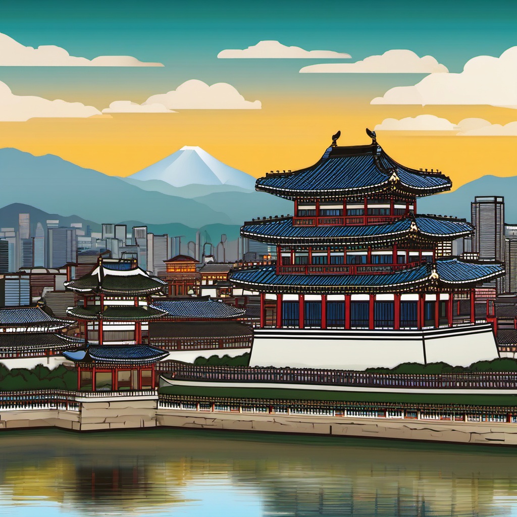 Seoul clipart - Gyeongbokgung Palace and Seoul skyline,  color vector clipart