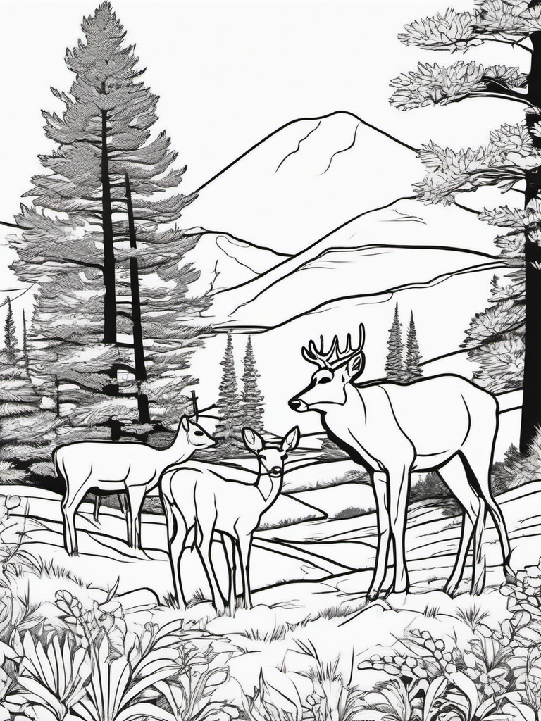 Deer Coloring Pages - Deer family enjoying a sunny day in the forest  simple coloring pages