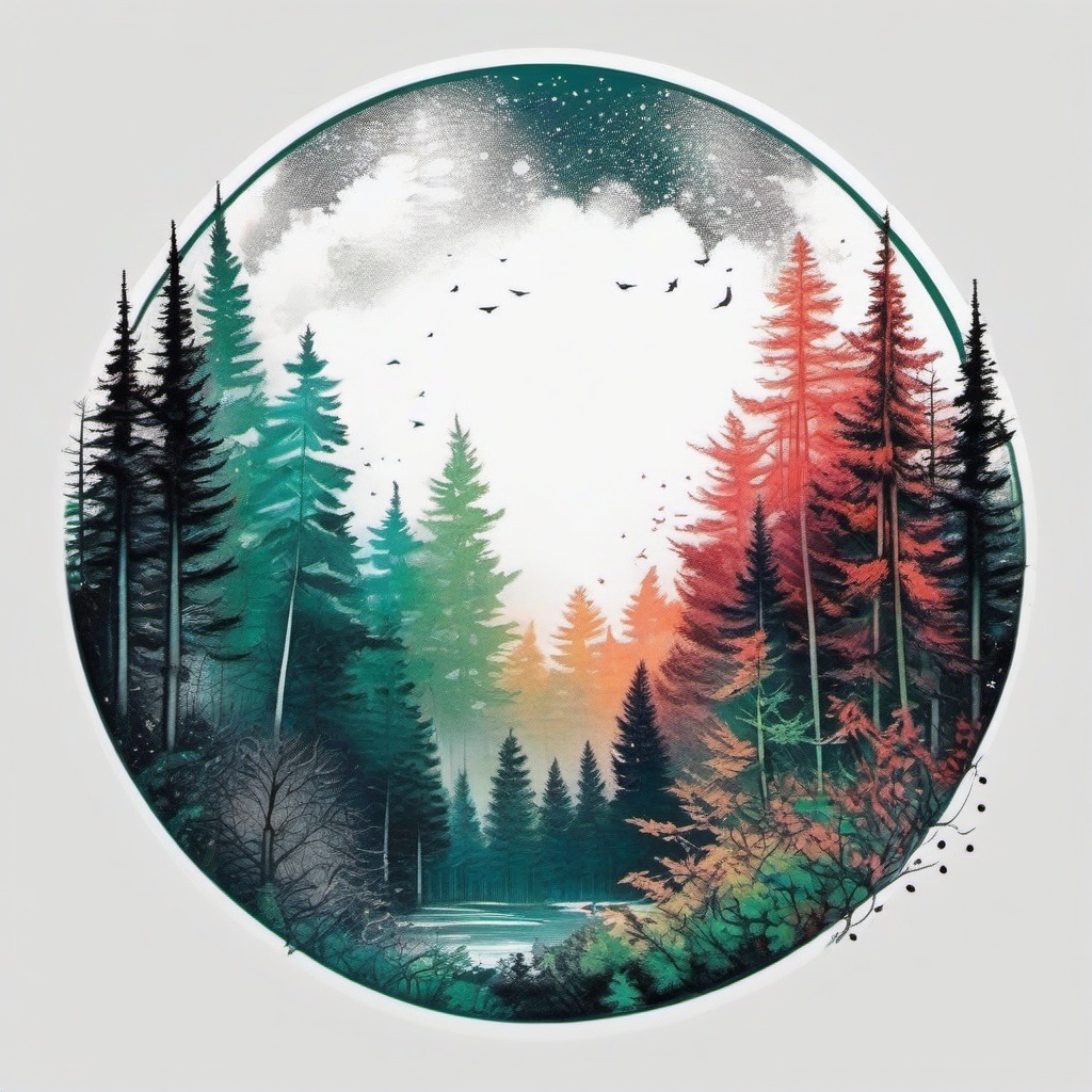 circle forest tattoo  simple color tattoo,white background