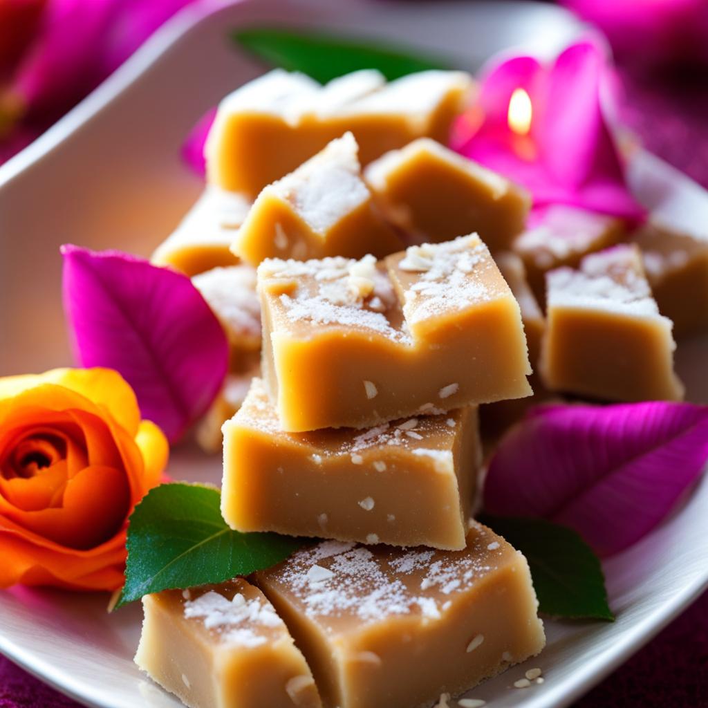 kaju katli, indian cashew fudge, devoured during a colorful diwali festival. 